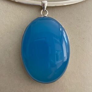 Blue Agate and Silver Oval Pendant. 1.75” L x 1.25” W